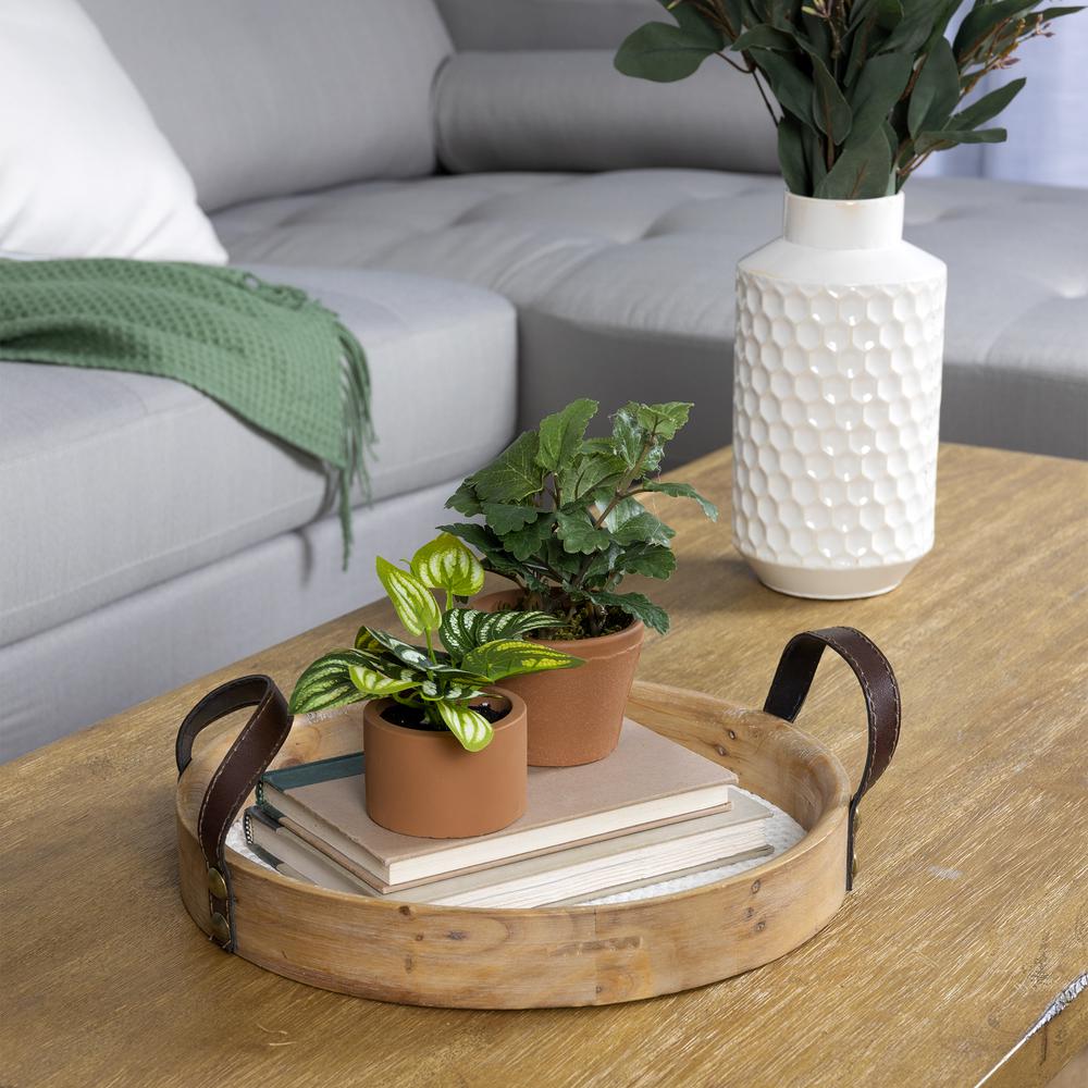 Stratton Home Decor Farmhouse Natural Wood Decorative Tabletop Tray with Leather Handles. Picture 6