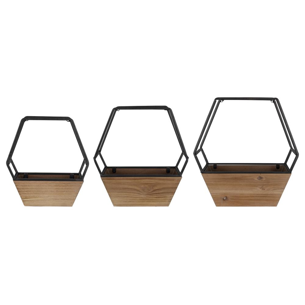 Stratton Home Decor Set of 3 Wood and Metal Hexagon Wall Planters. The main picture.