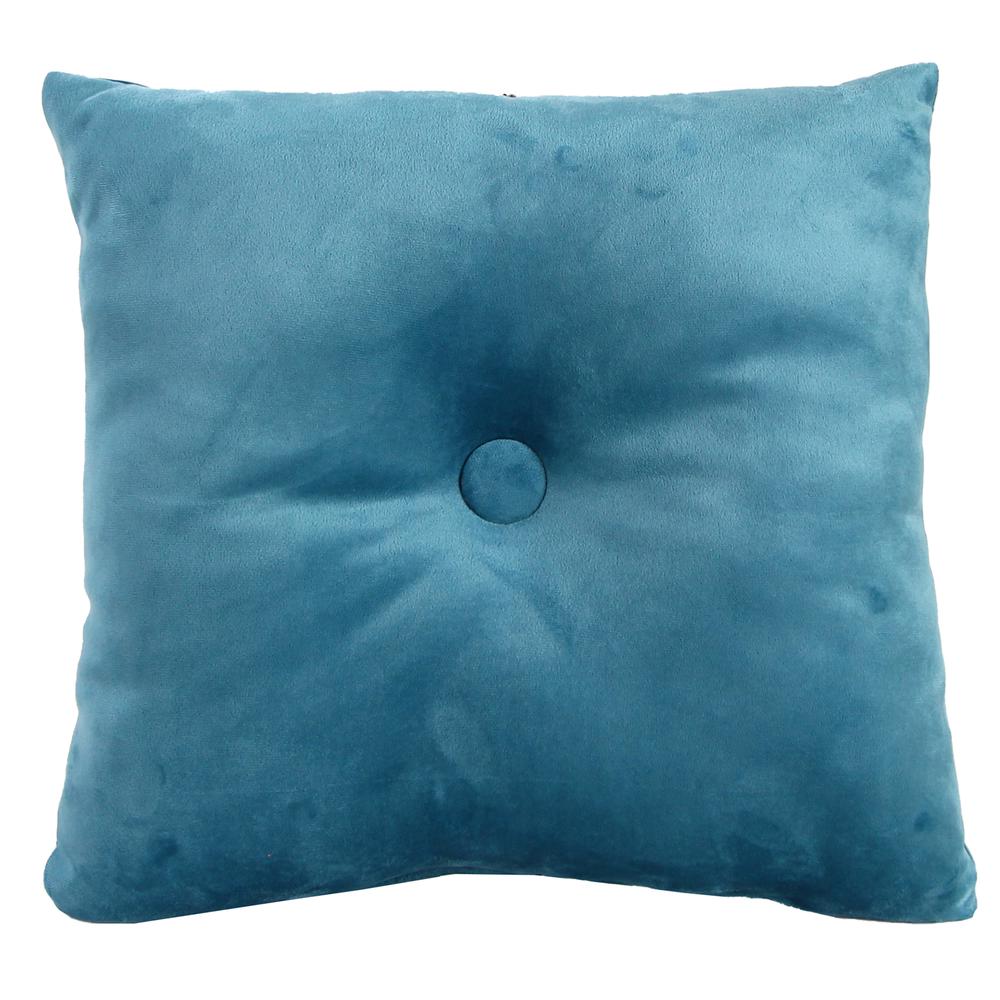 Teal Solid Square Tufted Decorative Throw Pillow with Fabric Button. Picture 3