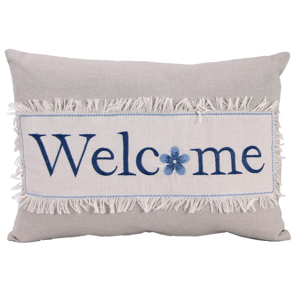 Welcome Tan and Navy Novelty Decorative Lumbar Throw Pillow with Fringe Accent. Picture 3