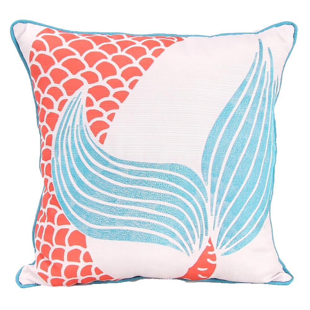 Turquoise, Coral and Cream Mermaid Tail Nautical Decorative Throw Pillow. Picture 3