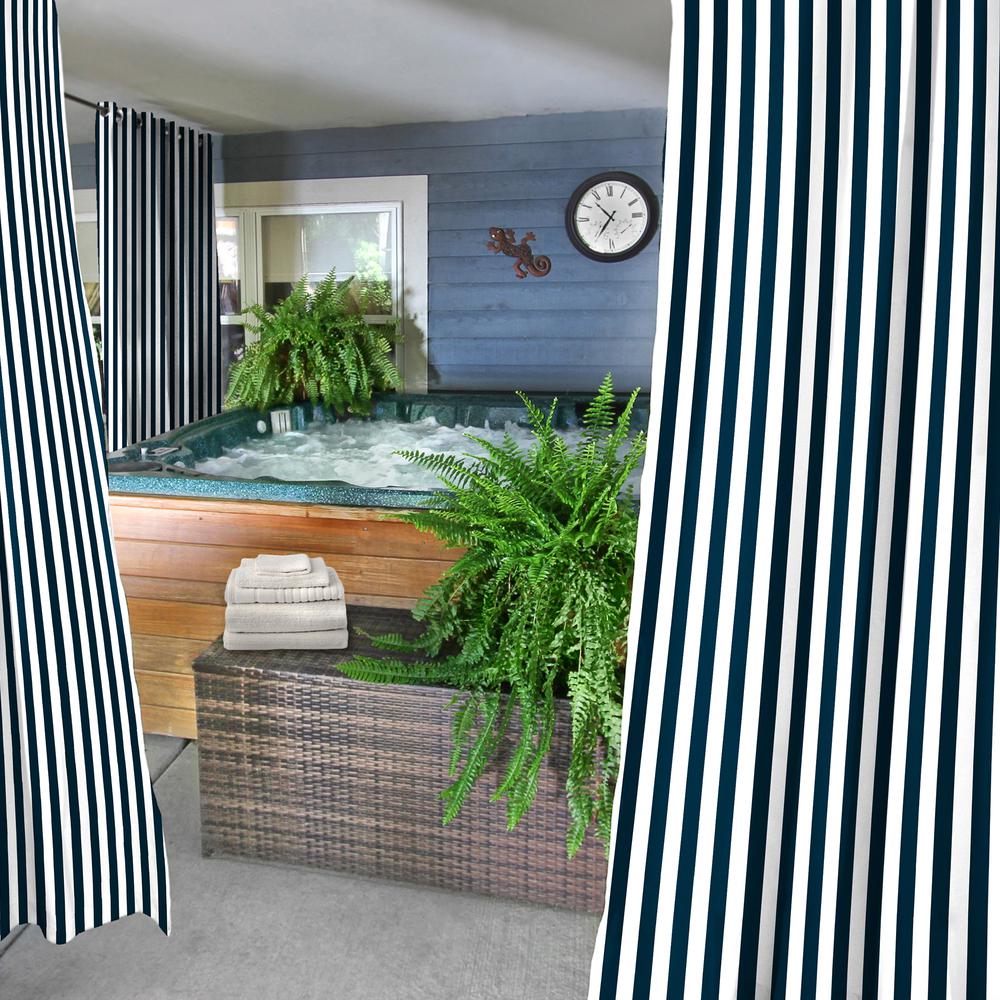 Navy Stripe Grommet Semi-Sheer Outdoor Curtain Panel (2-Pack). Picture 3