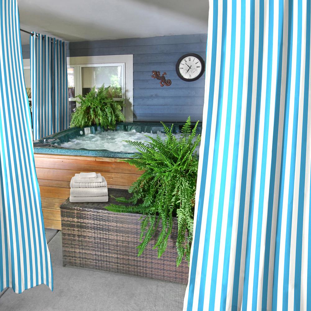 Caribbean Blue Stripe Grommet Semi-Sheer Outdoor Curtain Panel. Picture 3