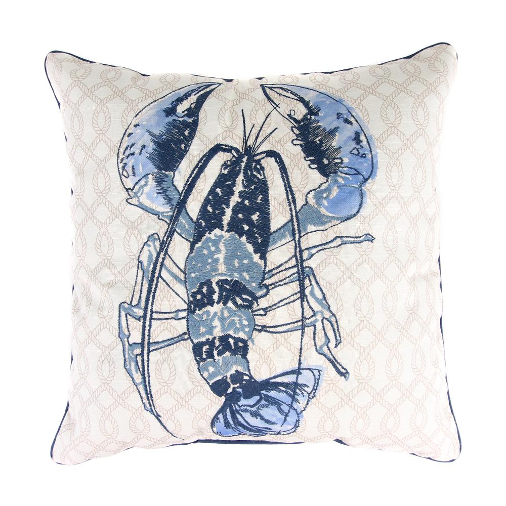 Lobster Blue and Cream Nautical Decorative Throw Pillow and Embroidery Accent. Picture 3