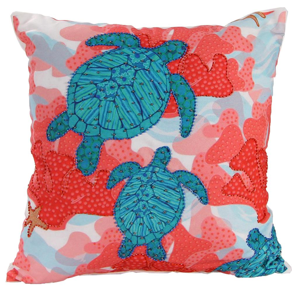 Coral and Teal Turtles Nautical Decorative Throw Pillow with Bead Accent. Picture 3