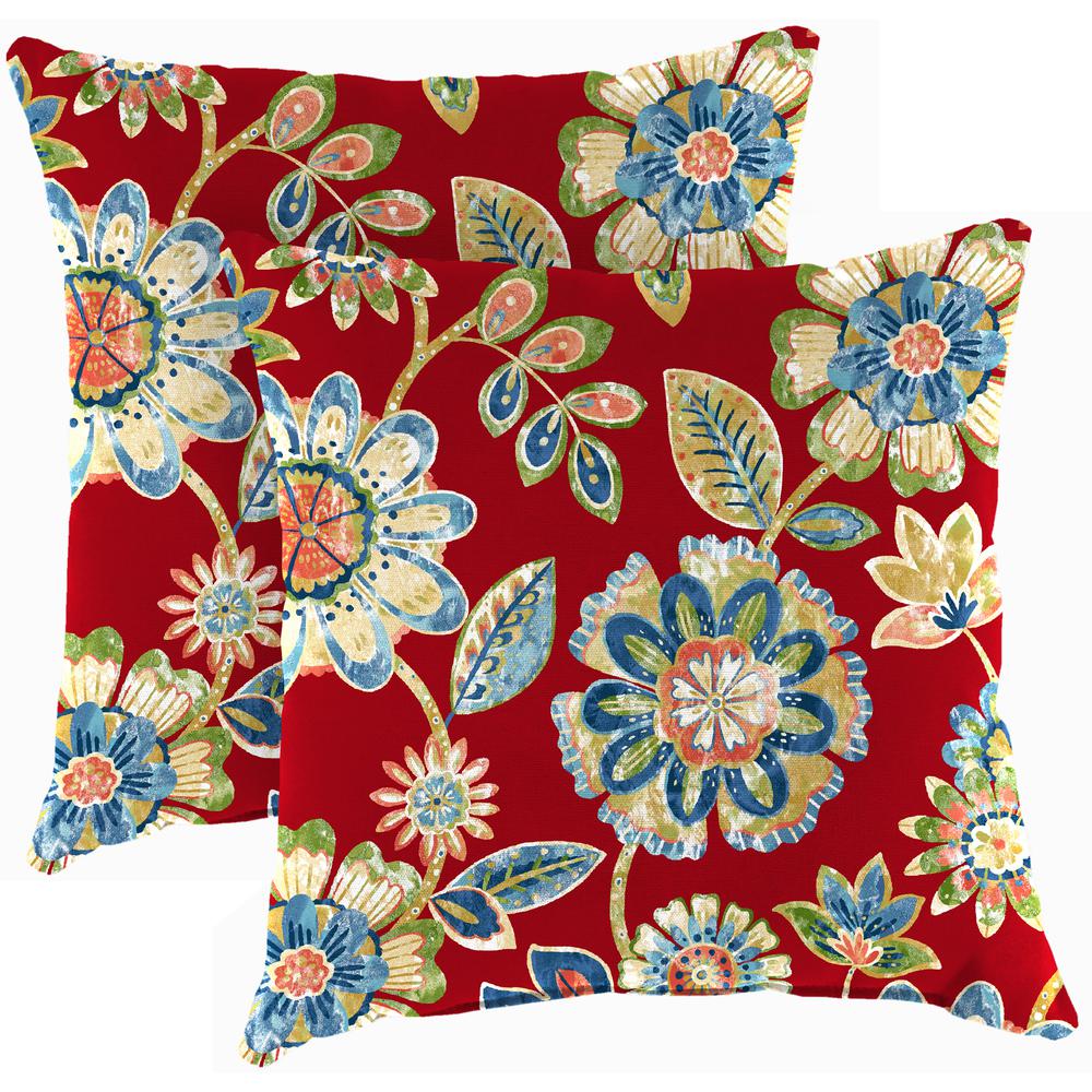 Daelyn Cherry Red Floral Square Knife Edge Outdoor Throw Pillows (2-Pack). Picture 1