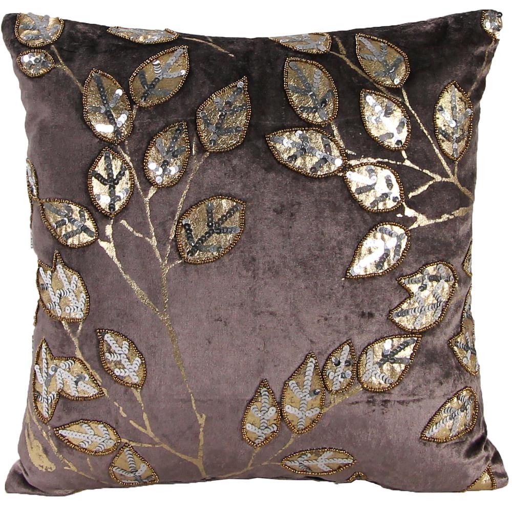 Dark Gray and Gold Leaves Decorative Throw Pillow with Bead and Sequin Accents. Picture 3
