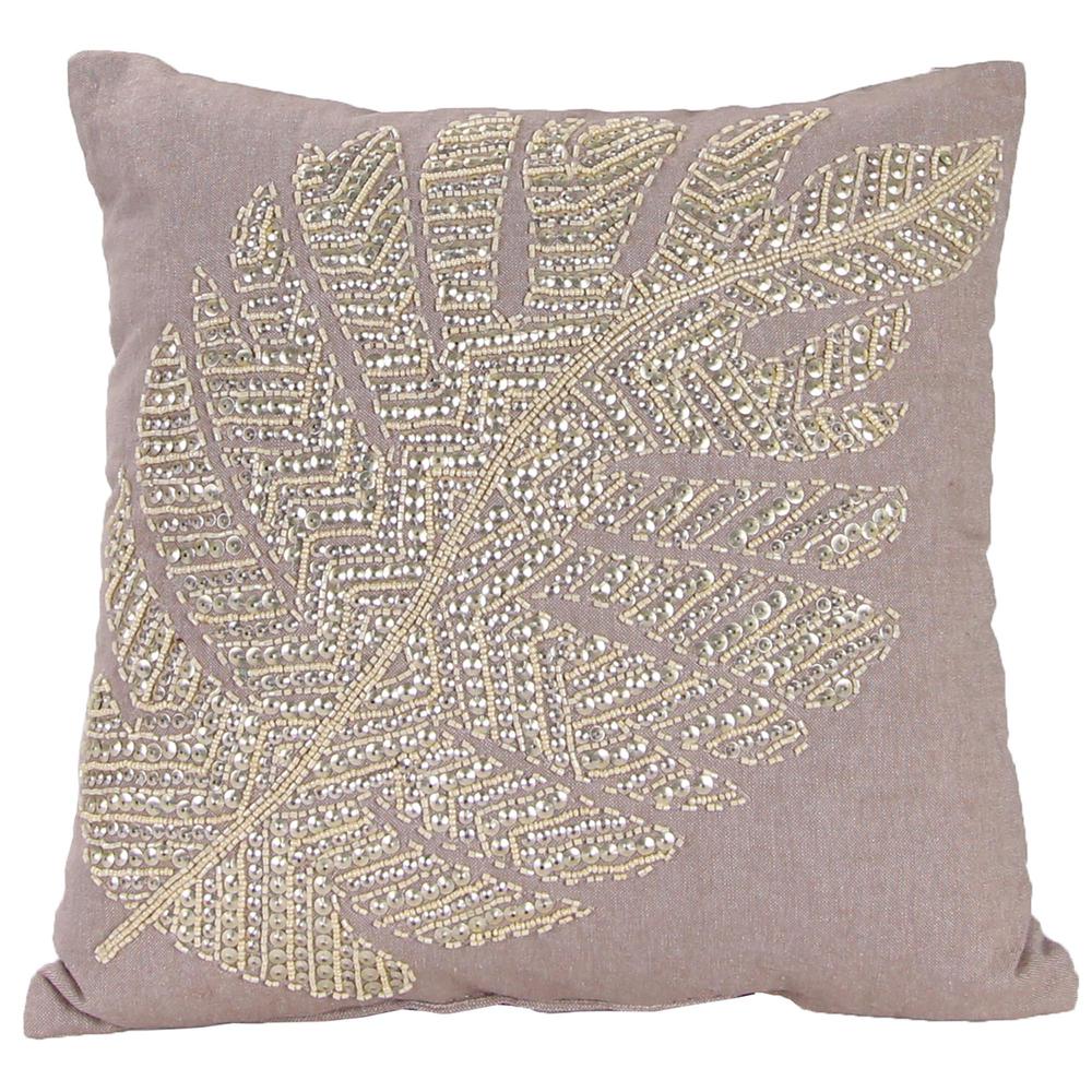 Tan and Gold Leaves Decorative Throw Pillow with Bead and Sequin Accents. Picture 3