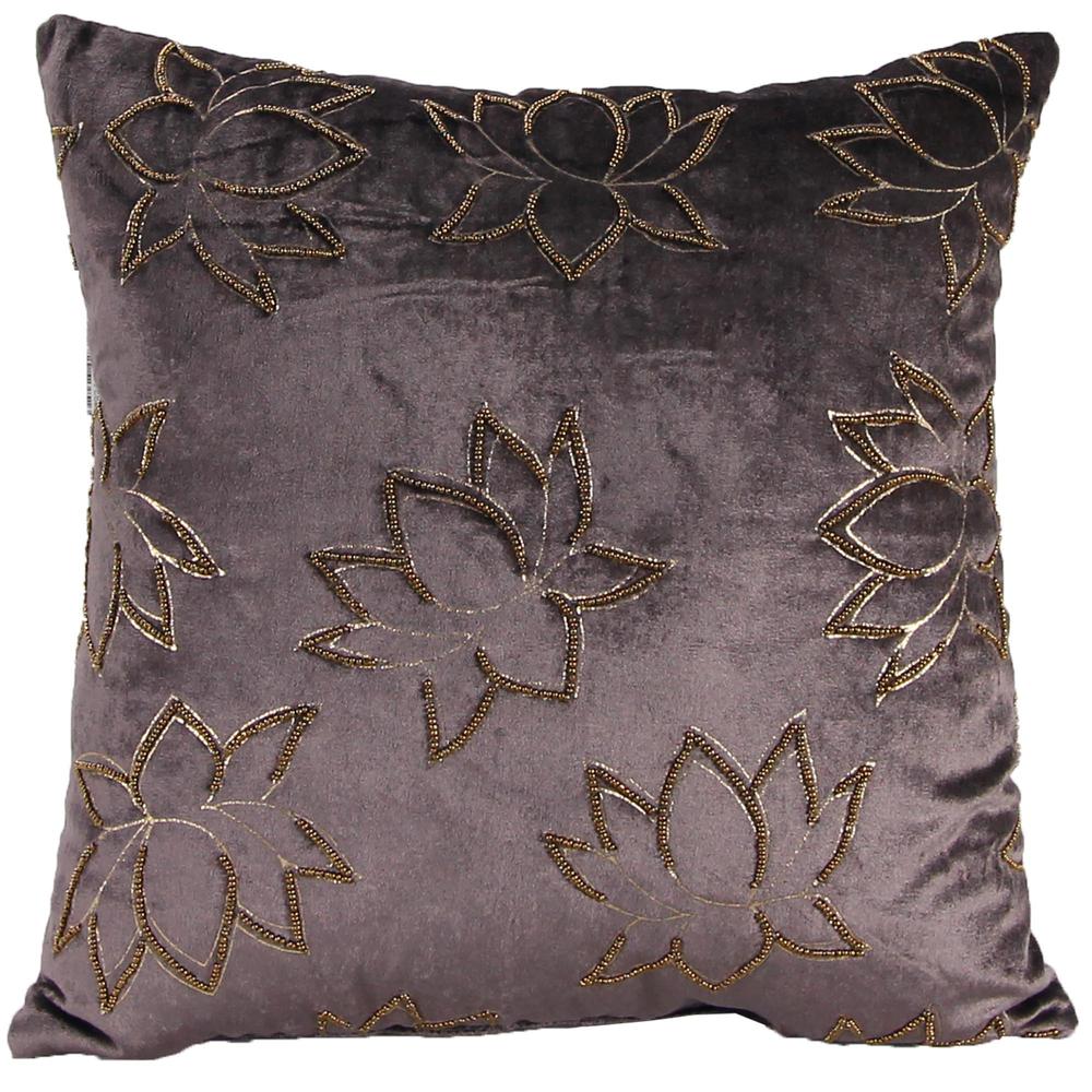 Dark Gray and Gold Lotus Floral Decorative Throw Pillow with Bead Accent. Picture 3