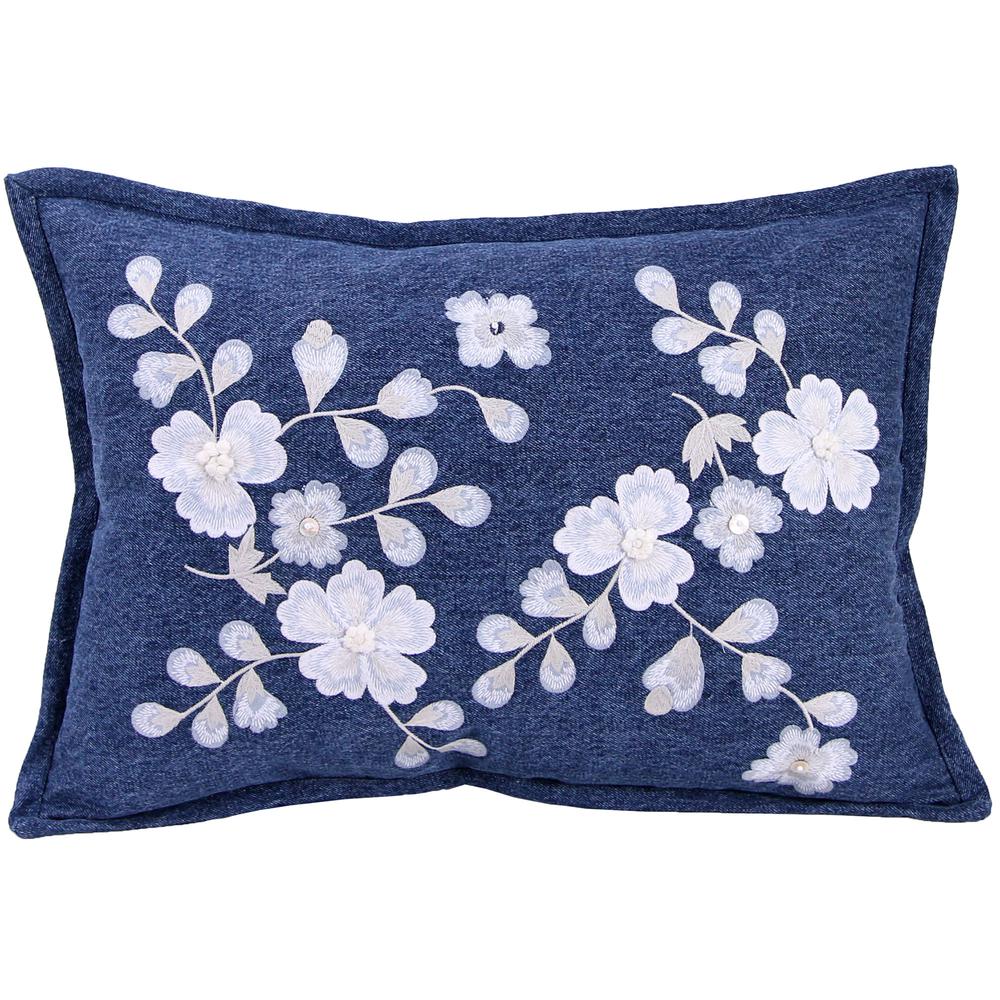 Denim Blue and White Cherry Blossom Floral Decorative Lumbar Throw Pillow. Picture 3