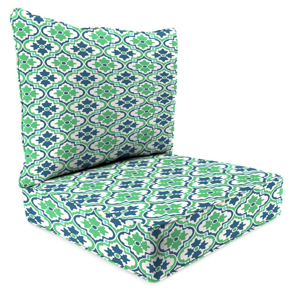 Vesey Sea Mist Green Geometric Outdoor Chair Seat and Back Cushion Set with Welt. Picture 1