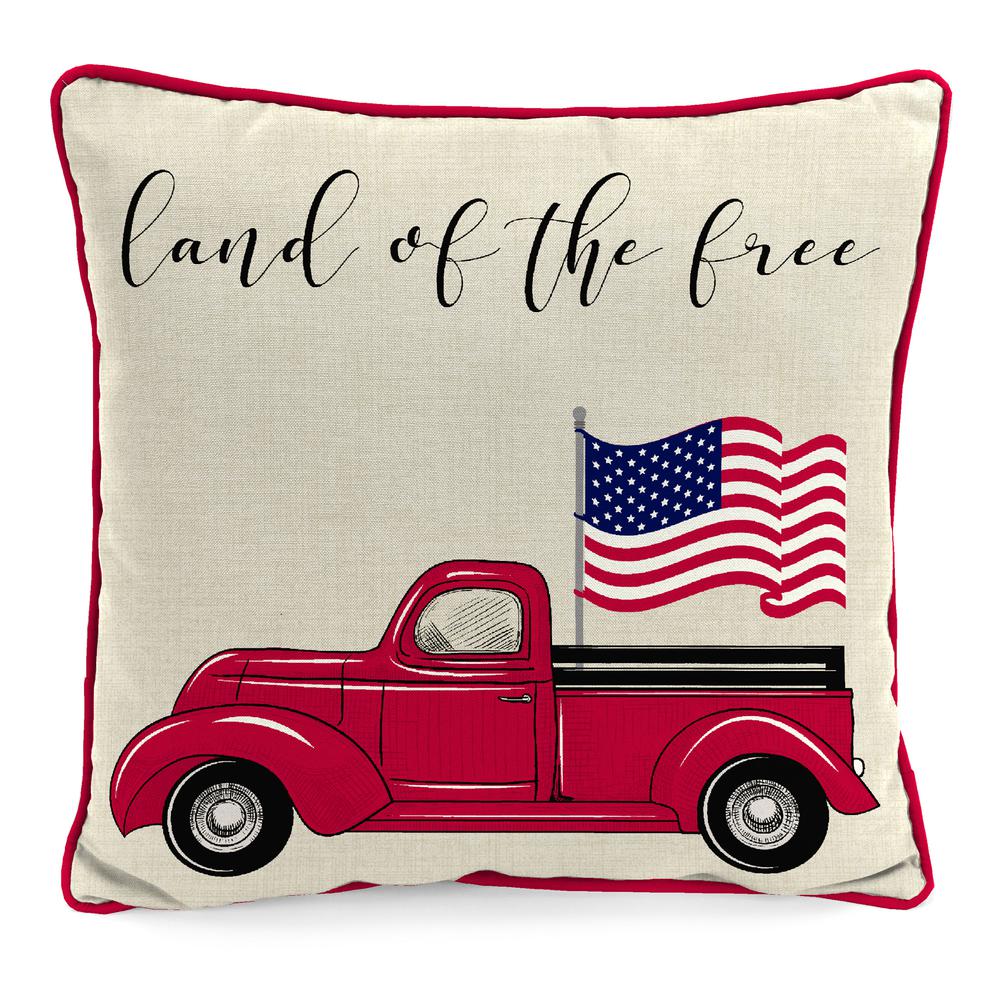 Beige Land of the Free Flag Truck Knife Edge Outdoor Throw Pillow with Welt. Picture 1