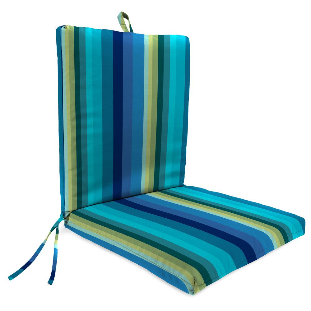 Islip Teal Stripe Rectangular French Edge Outdoor Chair Cushion with Ties. Picture 1