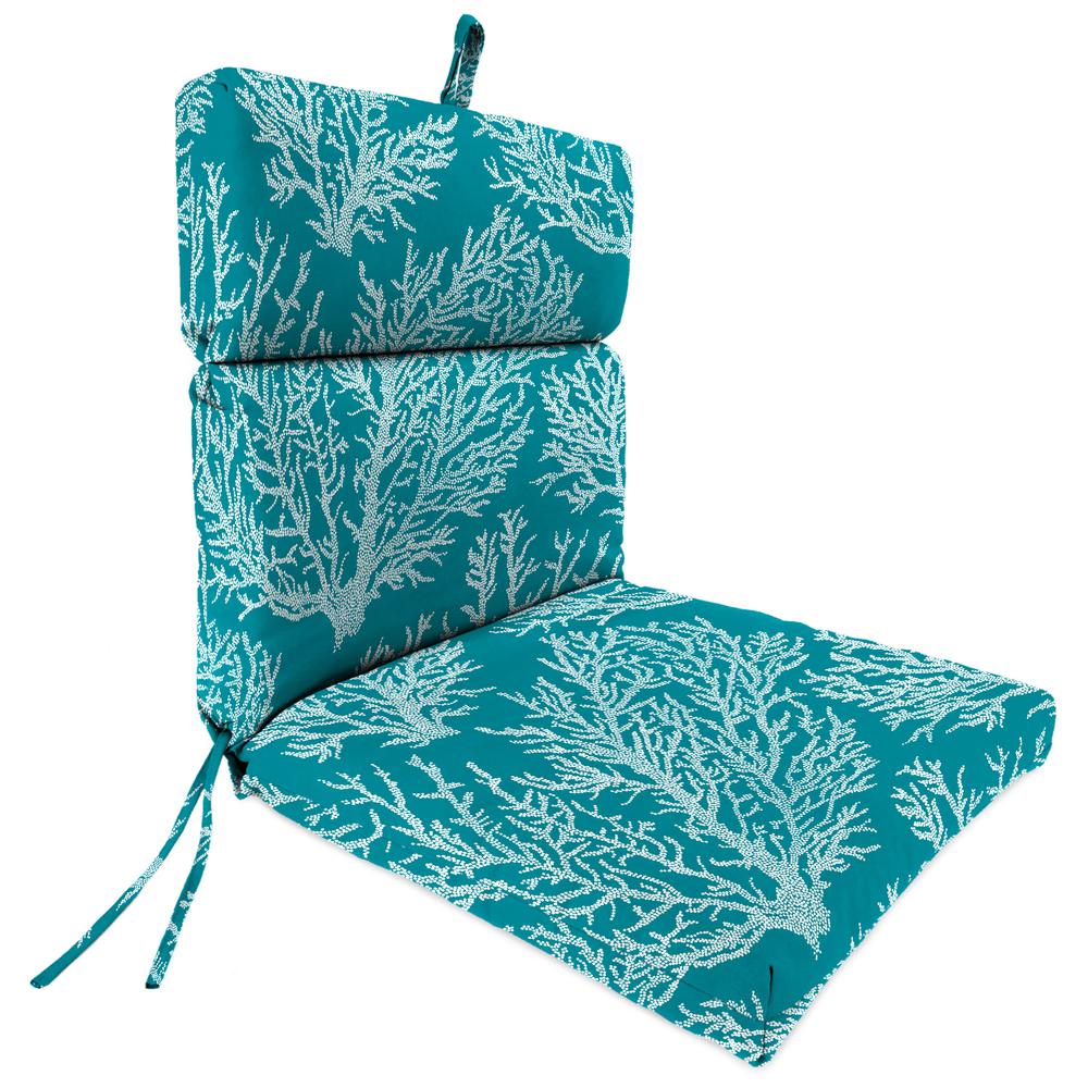Seacoral Turquoise Nautical French Edge Outdoor Chair Cushion with Ties. Picture 1