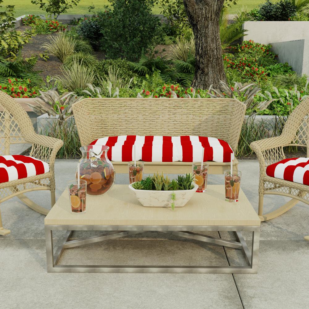 Cabana Red Stripe Tufted Outdoor Settee Bench Cushion with Rounded Back Corners. Picture 3