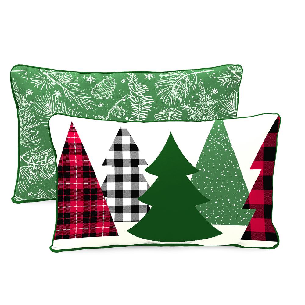 Plaid Christmas Trees and Green Leaves Outdoor Throw Pillow (2-Pack). Picture 1