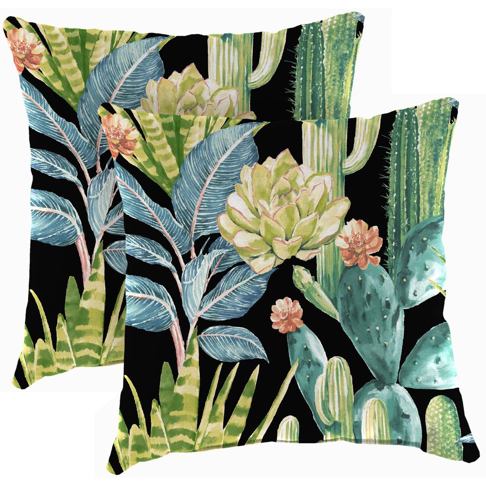 Hatteras Ebony Black Floral Square Knife Edge Outdoor Throw Pillows (2-Pack). Picture 1