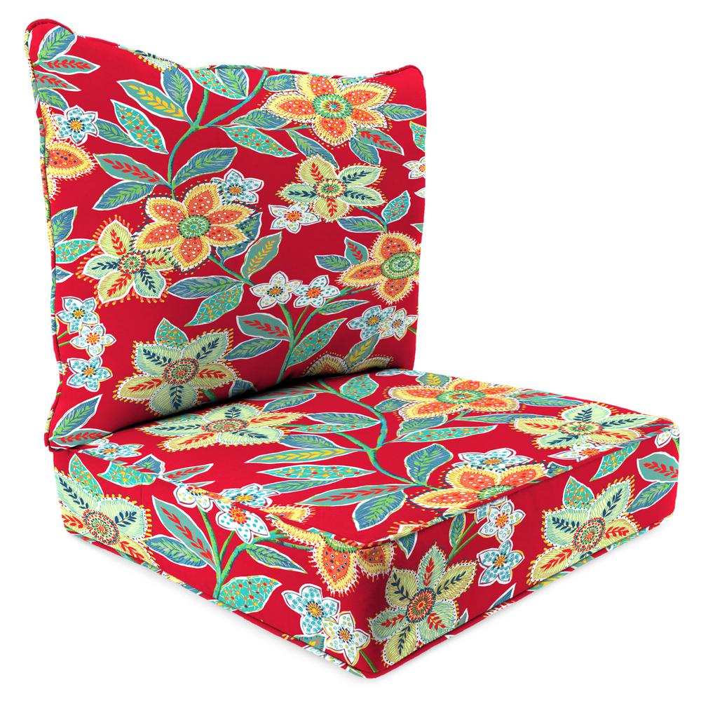 Leathra Red Floral Boxed Edge Outdoor Chair Seat and Back Cushion Set with Welt. Picture 1
