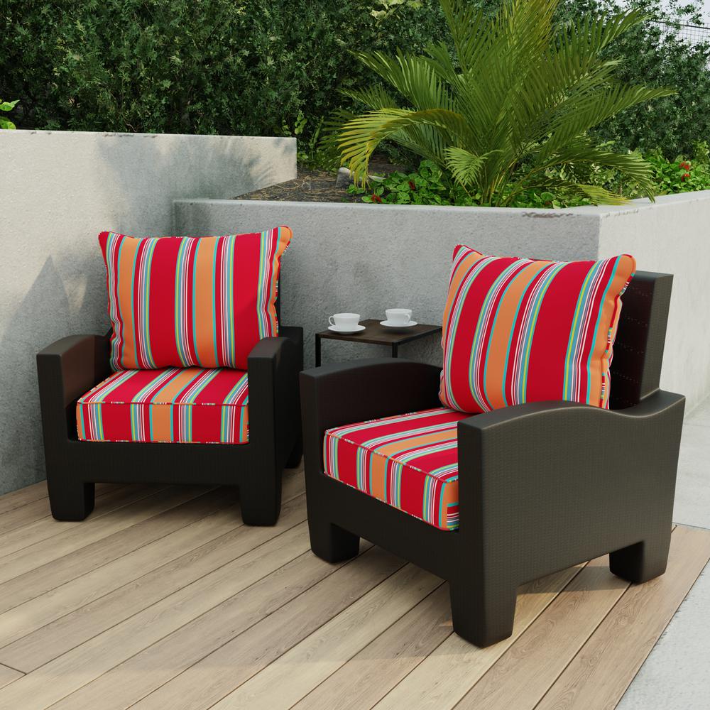 Mulberry Red Stripe Boxed Edge Outdoor Chair Seat and Back Cushion Set with Welt. Picture 3