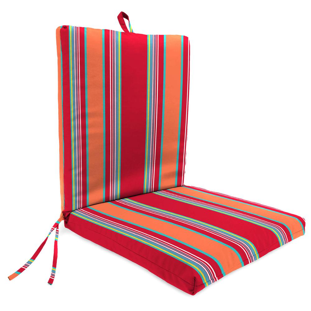 Mulberry Red Stripe Rectangular French Edge Outdoor Chair Cushion with Ties. Picture 1