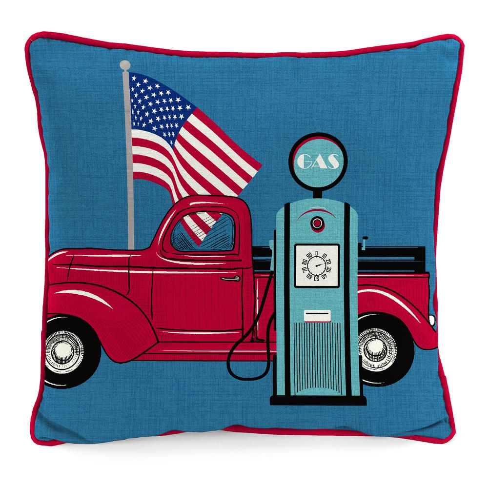 Blue American Flag Truck Square Knife Edge Outdoor Throw Pillow with Welt. Picture 1