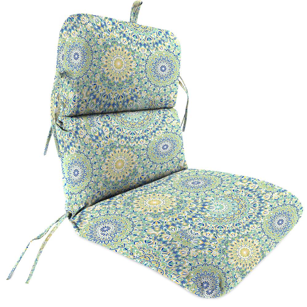 Alonzo Fresco Blue and Green Medallion Outdoor Chair Cushion with Ties. Picture 1