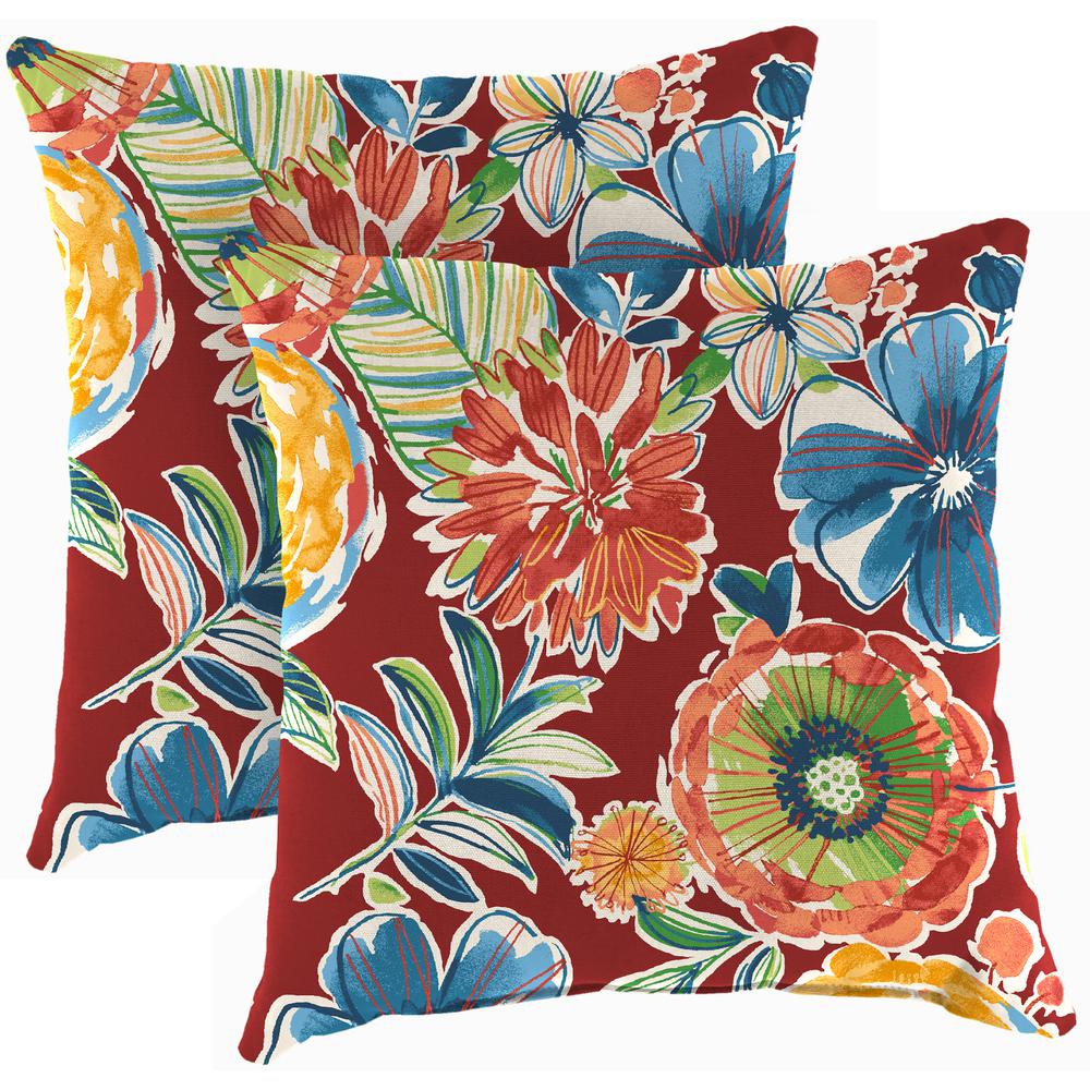 Colsen Berry Red Floral Square Knife Edge Outdoor Throw Pillows (2-Pack). Picture 1