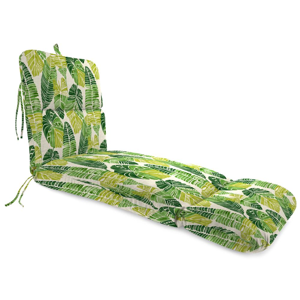 Hixon Palm Green Leaves Outdoor Chaise Lounge Cushion with Ties and Hanger Loop. Picture 1