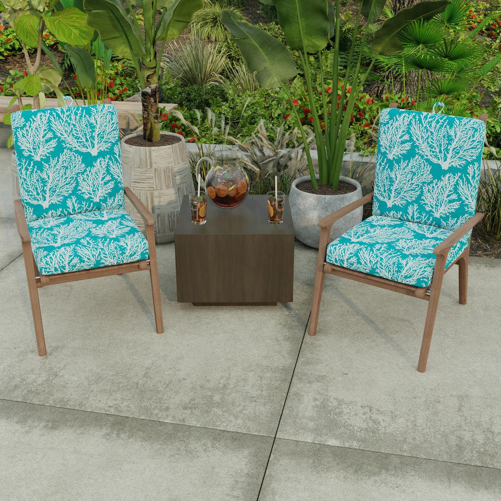 Seacoral Turquoise Nautical French Edge Outdoor Chair Cushion with Ties. Picture 3