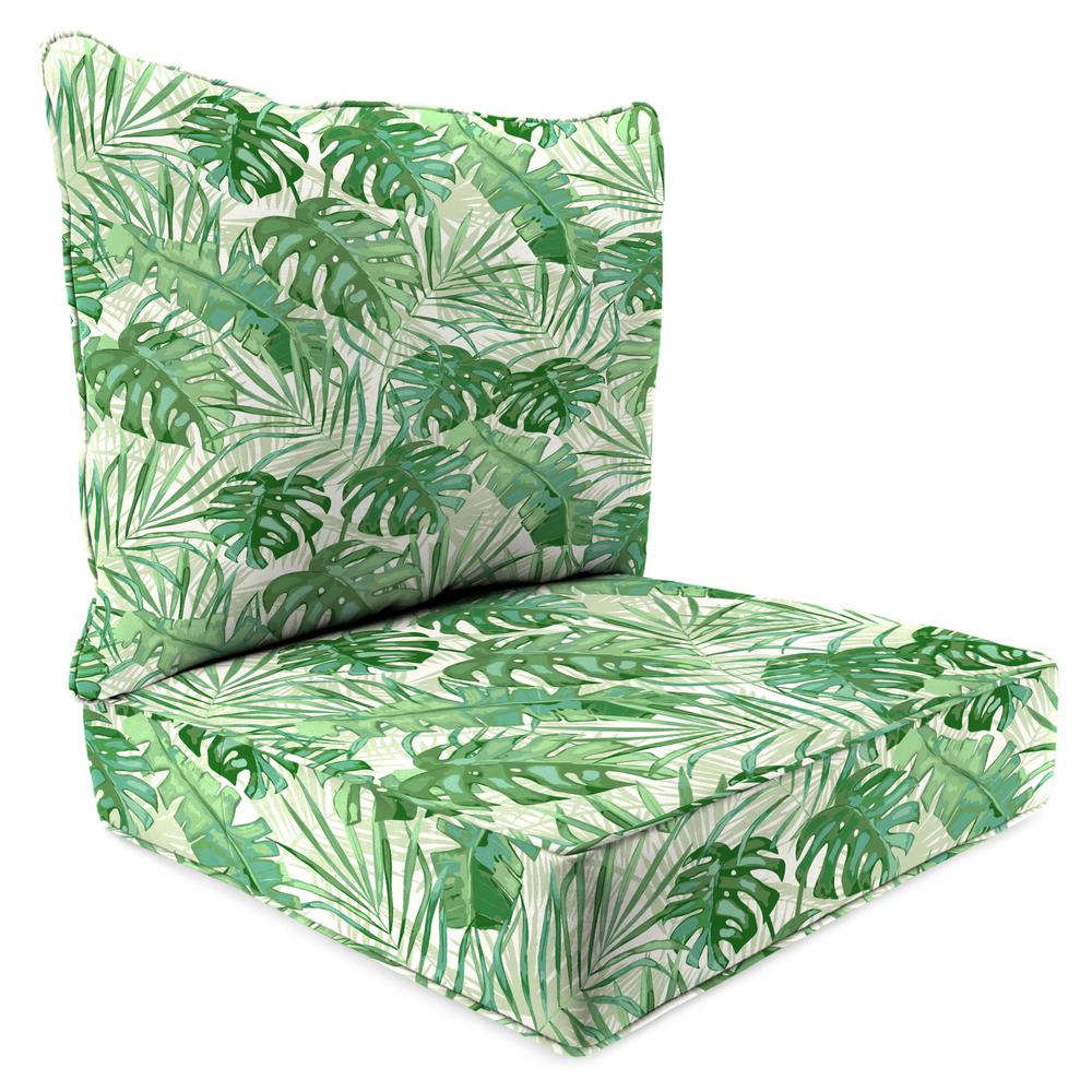 Bryann Tortoise Green Tropical Outdoor Chair Seat and Back Cushion Set with Welt. Picture 1