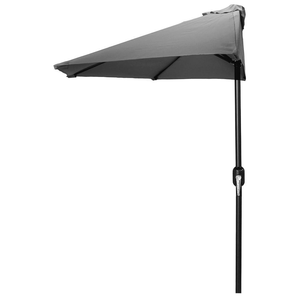 9' Half Round Grey Solid Folding Outdoor Patio Umbrella with Crank Opening. Picture 1
