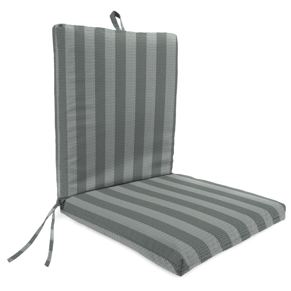 Conway Smoke Grey Stripe Rectangular French Edge Outdoor Chair Cushion with Ties. Picture 1