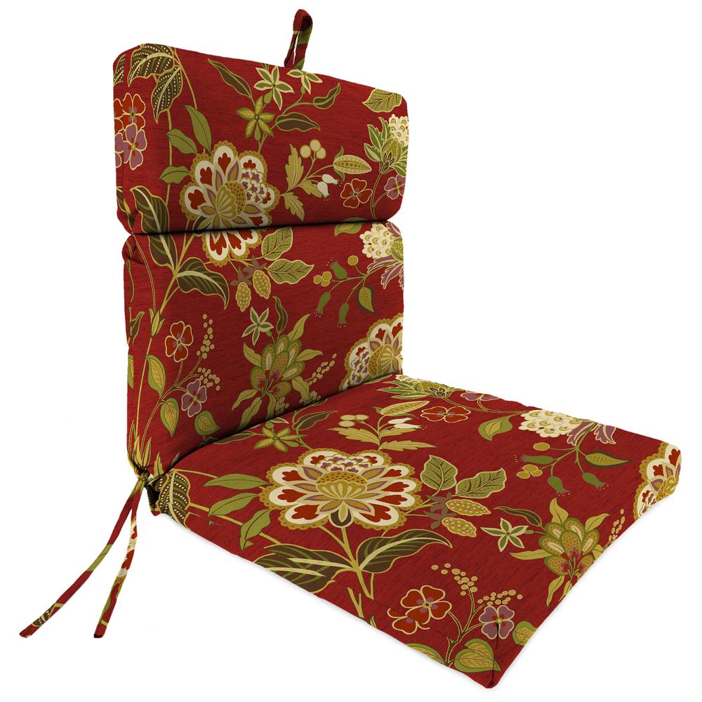 Alberta Salsa Red Floral Rectangular French Edge Outdoor Chair Cushion with Ties. Picture 1