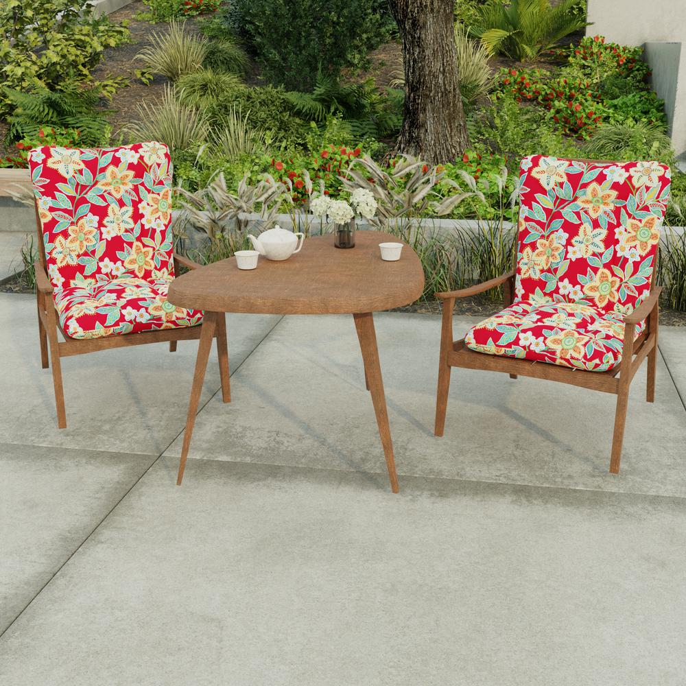 Leathra Red Floral Outdoor Chair Cushion with Ties and Hanger Loop. Picture 3