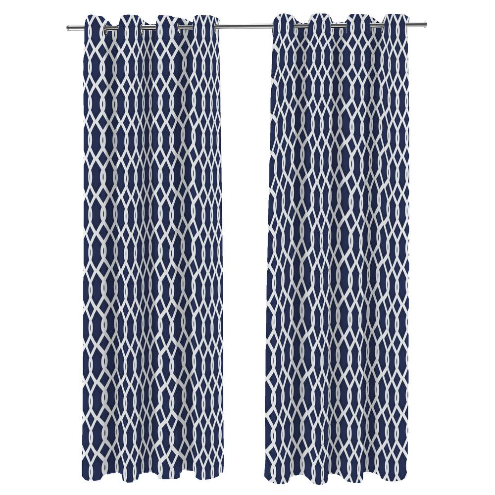 Cayo Admiral Navy Lattice Grommet Semi-Sheer Outdoor Curtain Panel (2-Pack). Picture 1