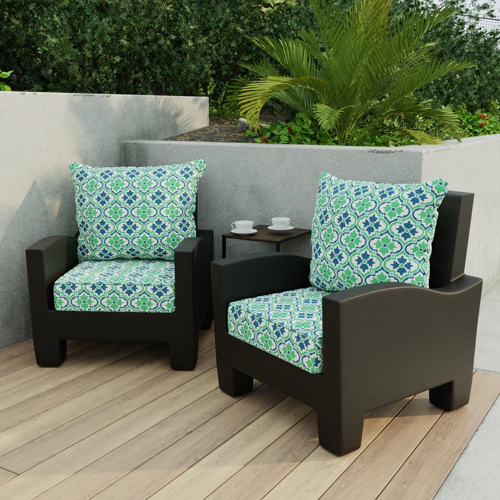 Vesey Sea Mist Green Geometric Outdoor Chair Seat and Back Cushion Set with Welt. Picture 3