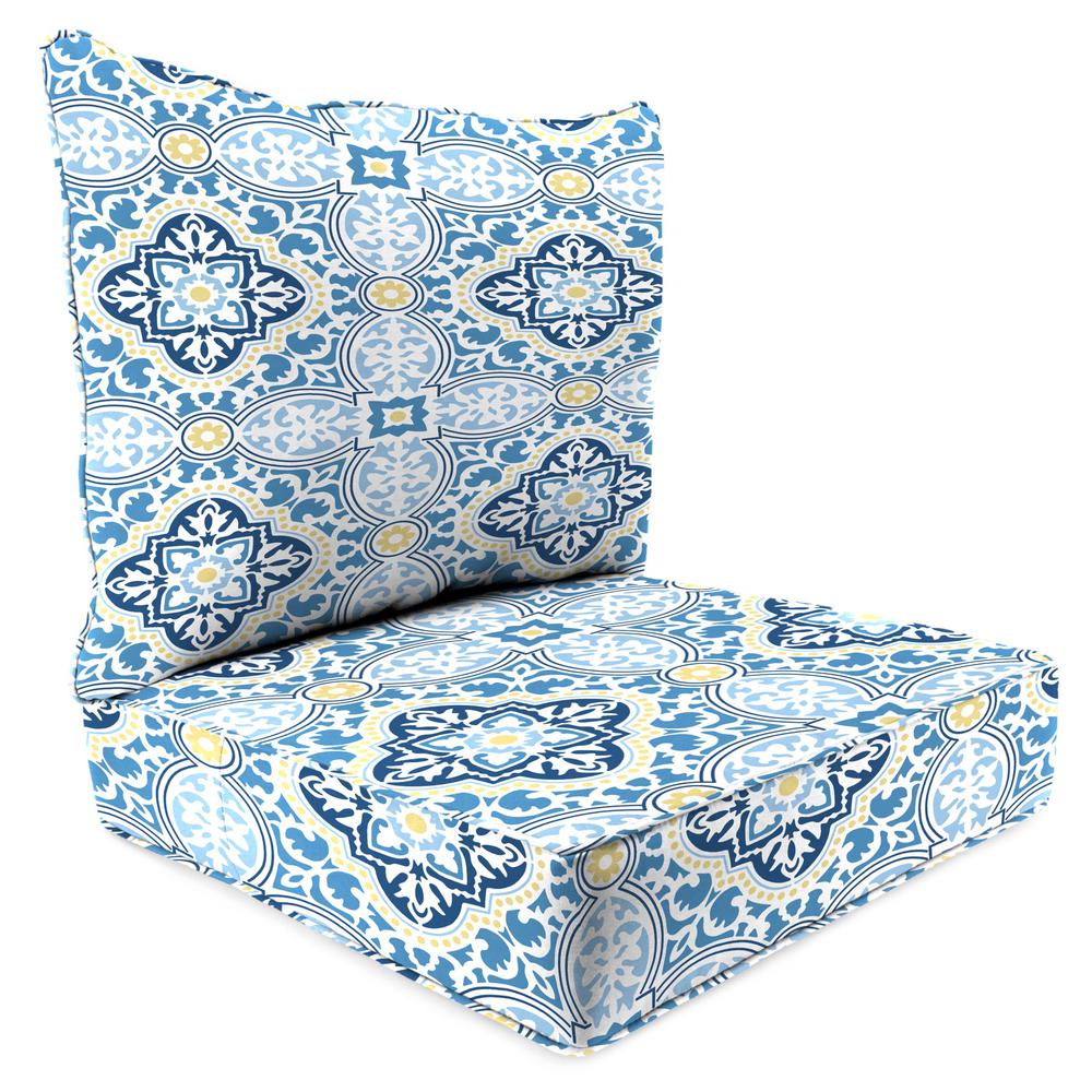 Rave Sky Blue Geometric Outdoor Chair Seat and Back Cushion Set with Welt. Picture 1