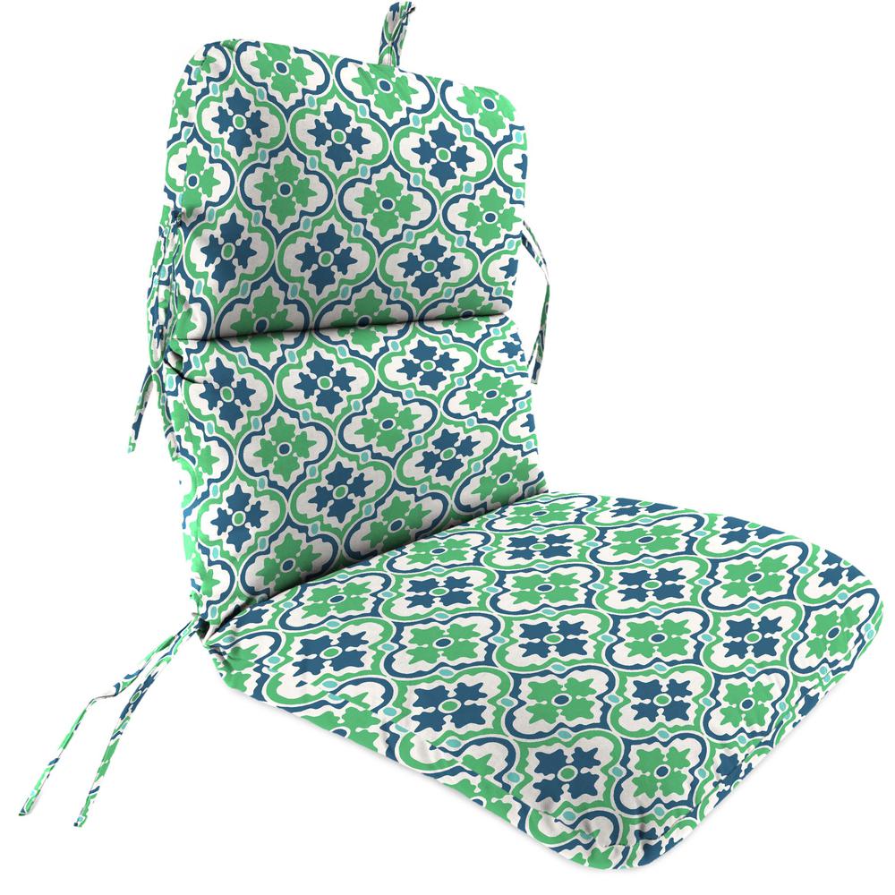 Vesey Sea Mist Blue and Green Quatrefoil Outdoor Chair Cushion with Ties. Picture 1