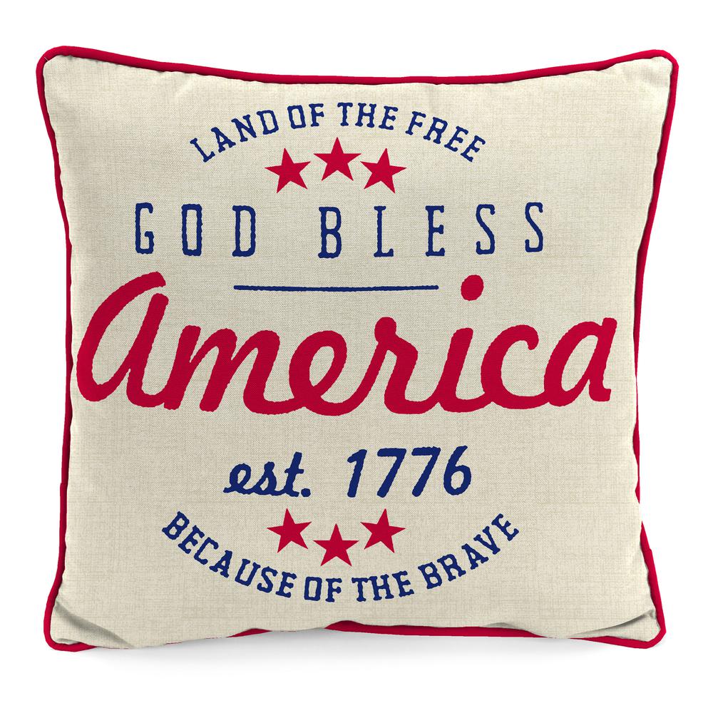 Cream God Bless America Novelty Square Knife Edge Outdoor Throw Pillow with Welt. Picture 1