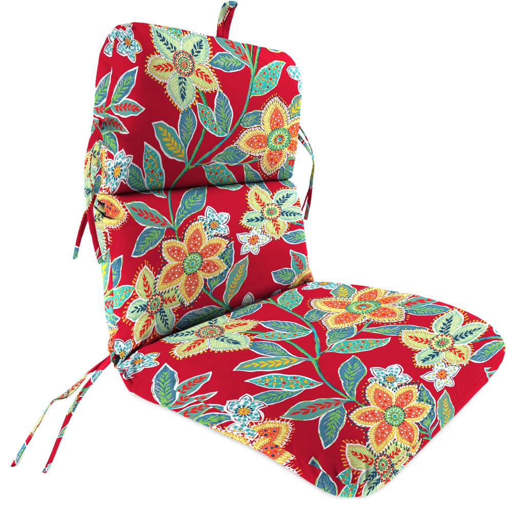 Leathra Red Floral Outdoor Chair Cushion with Ties and Hanger Loop. Picture 1