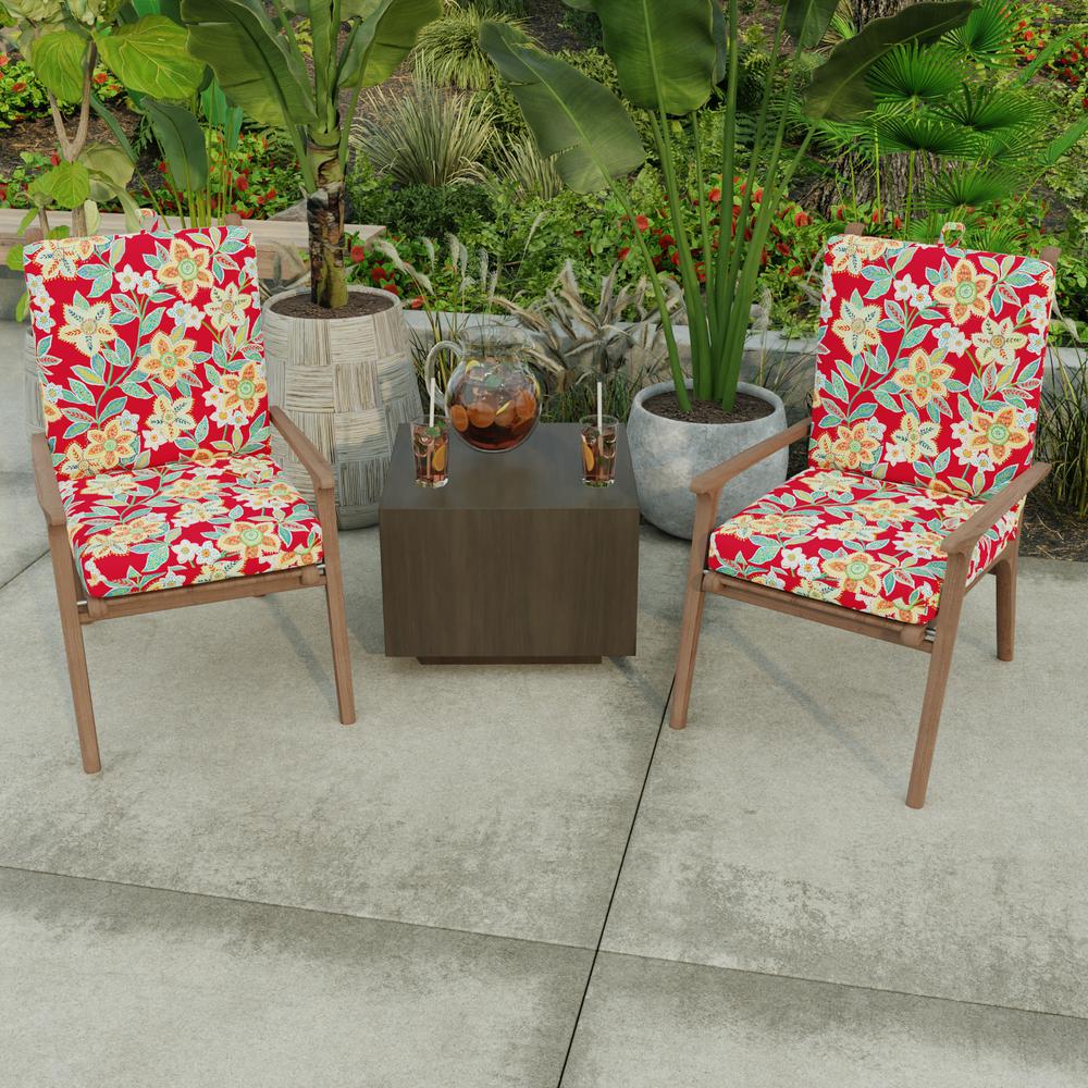 Leathra Red Floral Rectangular French Edge Outdoor Chair Cushion with Ties. Picture 3