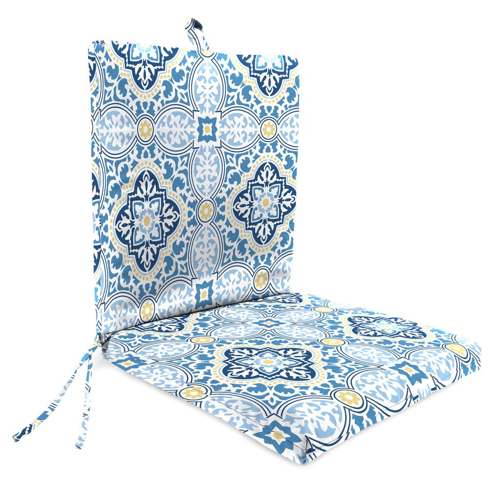 Rave Sky Blue Quatrefoil Rectangular French Edge Outdoor Chair Cushion with Ties. Picture 1