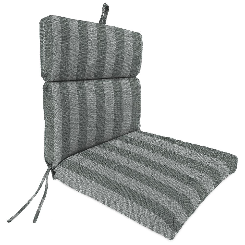 Conway Smoke Grey Stripe Rectangular French Edge Outdoor Chair Cushion with Ties. Picture 1