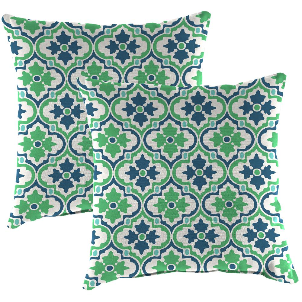 Vesey Sea Mist Green Quatrefoil Square Knife Edge Outdoor Throw Pillows (2-Pack). Picture 1