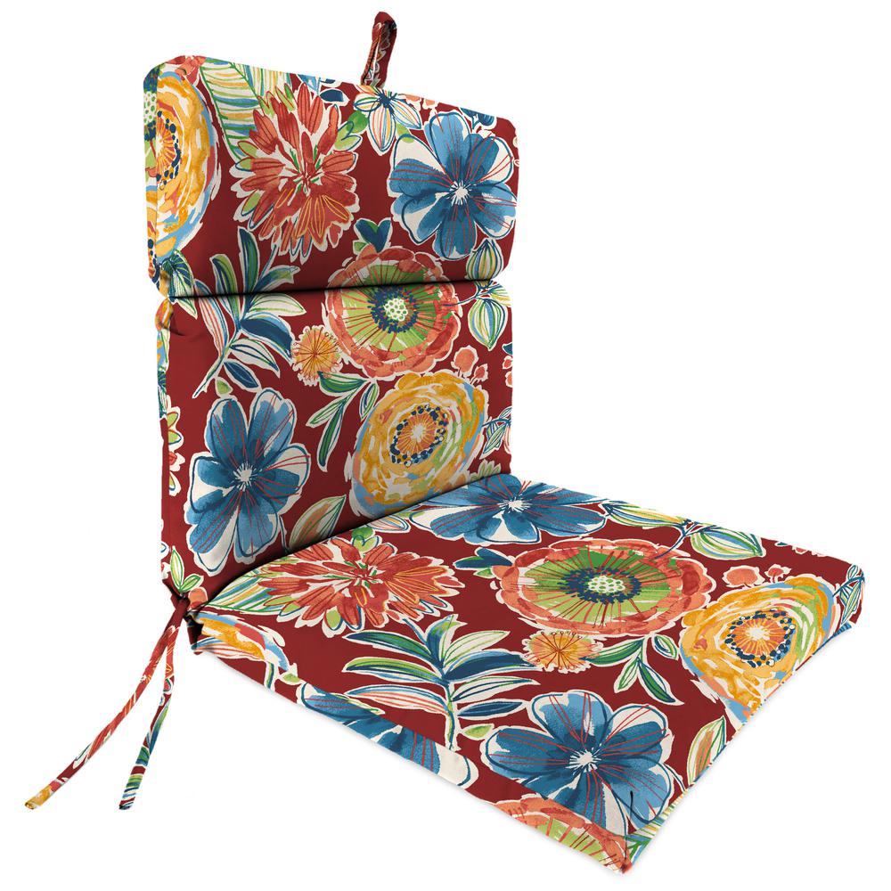 Colsen Berry Red Floral Rectangular French Edge Outdoor Chair Cushion with Ties. Picture 1