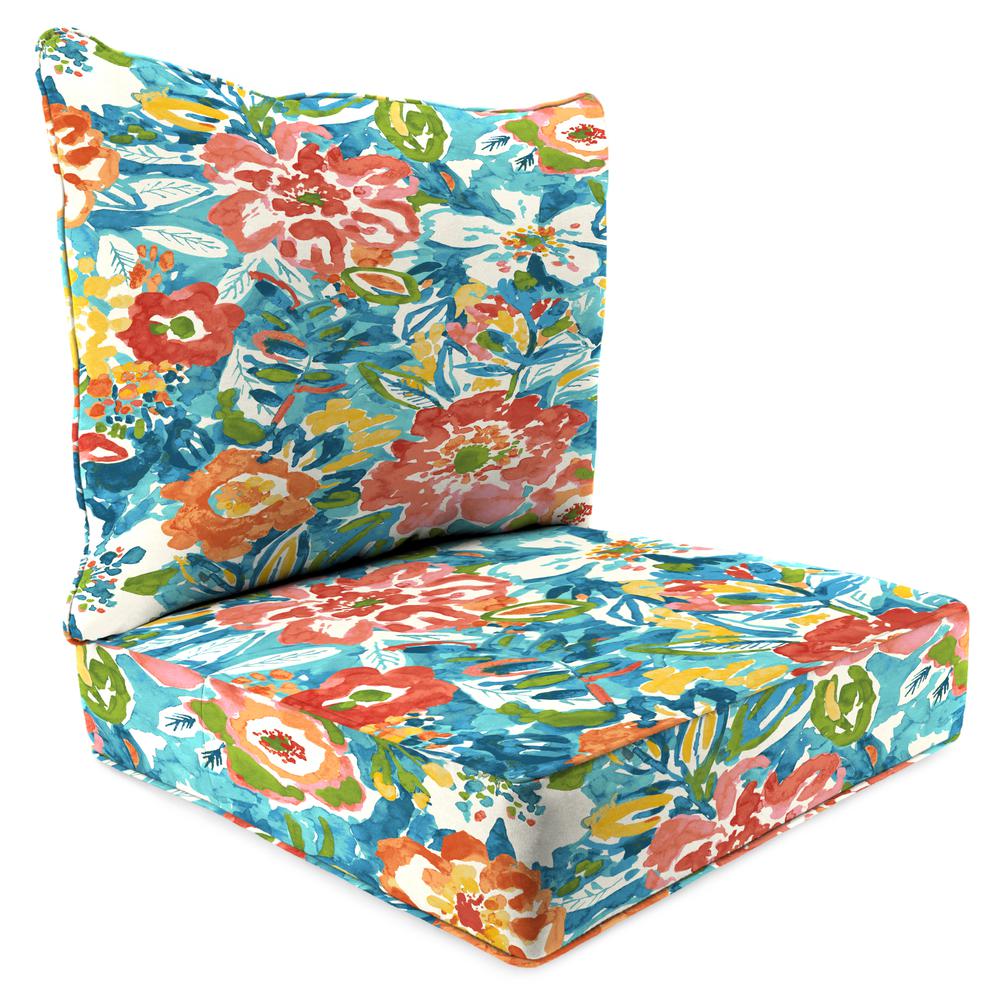 Sun River Sky Multi Floral Outdoor Chair Seat and Back Cushion Set with Welt. Picture 1