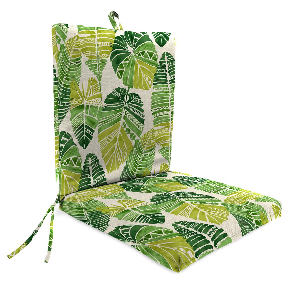 Hixon Palm Green Leaves Rectangular French Edge Outdoor Chair Cushion with Ties. Picture 1