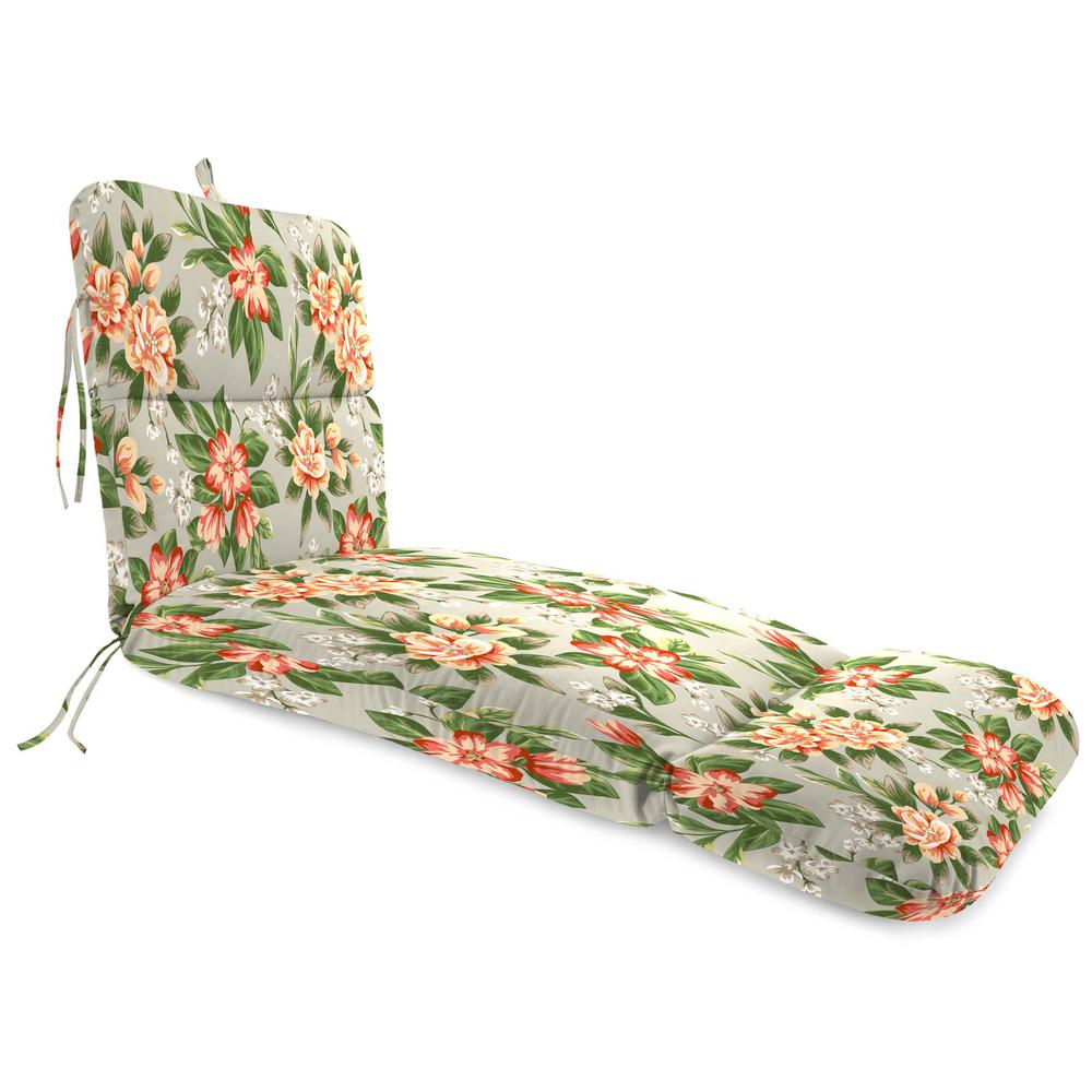 Tori Cedar Grey Floral Outdoor Chaise Lounge Cushion with Ties and Hanger Loop. Picture 1