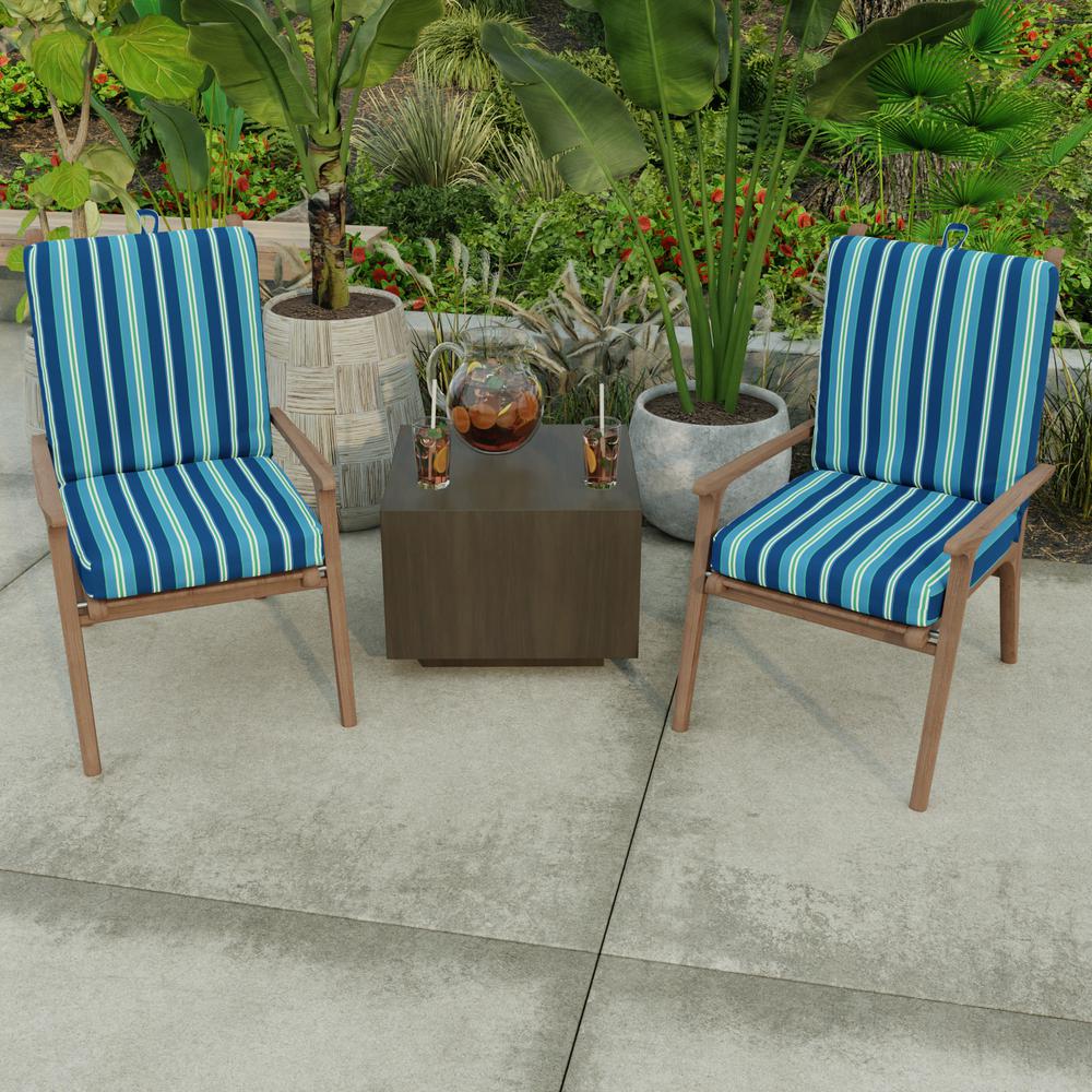 Sullivan Vivid Blue Stripe French Edge Outdoor Chair Cushion with Ties. Picture 3