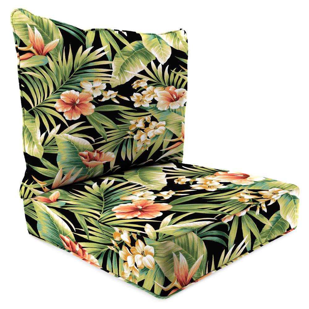Cypress Midnight Black Leaves Outdoor Chair Seat and Back Cushion Set with Welt. Picture 1